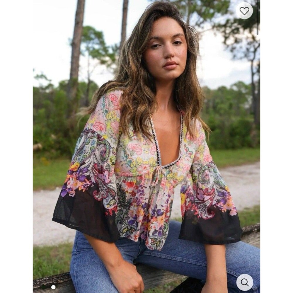 Natural Life Womens Medium Shirt Isabella Boho Sequins Flare Sleeve Babydoll